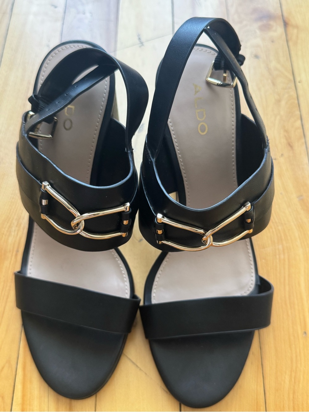 ALDO Black Sandals with Gold Buckle Accent